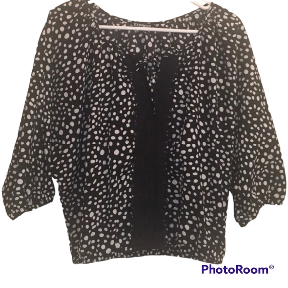 Express top women’s size xs black white polka dots blouse lightweight ai… - Picture 1 of 8